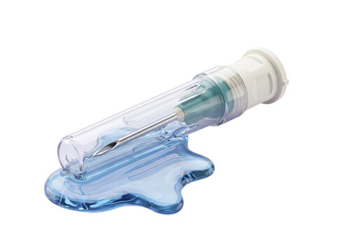 Medical hypodermic needle with spilled blue liquid medication