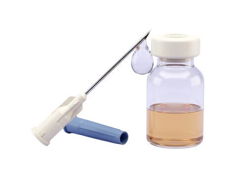 Medical hypodermic needle and glass vial with liquid drop