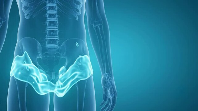 Medical video footage showing glowing hip pain or inflammation on a human skeletal model
