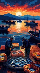 Fototapeta premium Fishermen unload fresh fish catch from nets into crates at harbor docks. Boats float on water reflecting vibrant sunset sky. Men work together on wooden pier by the sea.