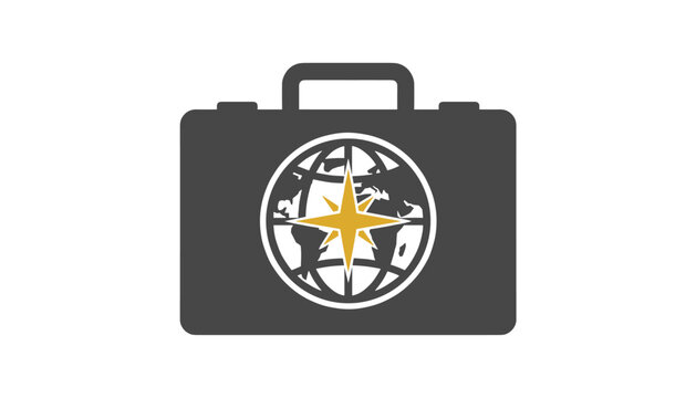 Business travel briefcase icon displaying a globe map and wind rose compass on a white background.