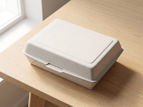 Closed white ecofriendly paper takeaway food container on a wooden table transparent background