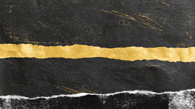 Textured black and gold background featuring a metallic gold stripe across a dark surface with visible scratches and wear, ideal for design and artistic applications