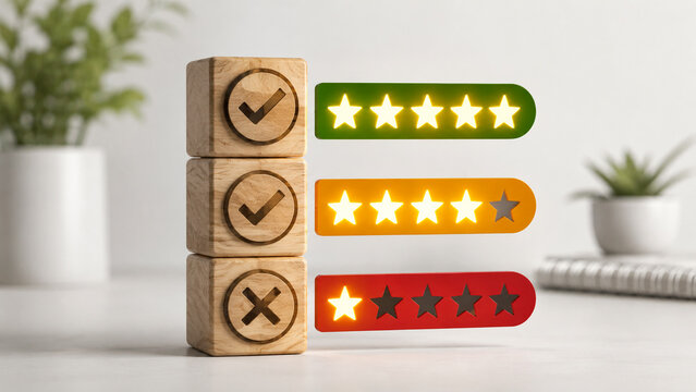 Customer feedback review rating concept with wooden blocks checkmarks and star evaluation levels.