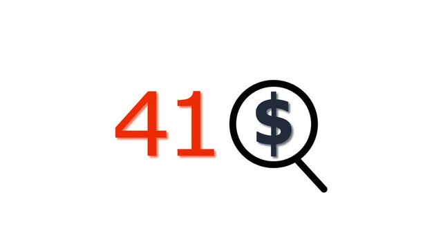 41 dollar price tag with magnifying glass animation for e-commerce and financial marketing search discount