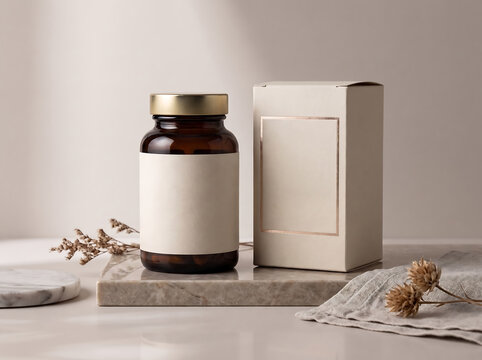 Brown glass supplement bottle and matching cardboard box mockup with blank labels for branding transparent background