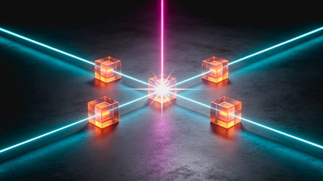 Laser Beams Interacting with Transparent Cubes in a Dark Space
