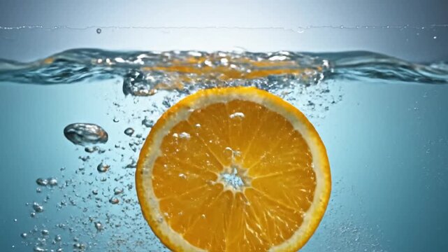 Fresh orange slices splashing into clear blue water