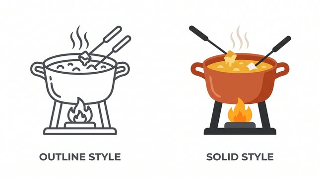 Two fondue pot icons with skewers and flame, showing outline and solid styles symbolizing cooking, warmth, and shared dining.