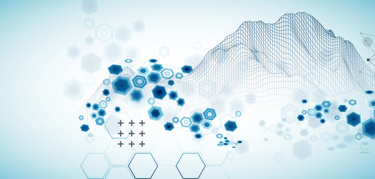 Abstract science background with hexagons and wireframe mountains. Vector art  illustration.