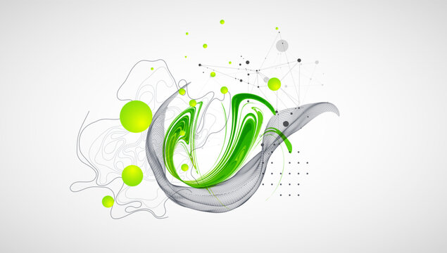 Abstract background with fluid green shapes, wireframe 3D grid wave, topographic lines and plexus network
