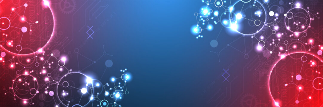 Abstract futuristic technology background with glowing molecular network, binary code and lens flare effect