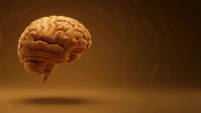 Footage of a human brain model with glowing concentric circles representing neural activity and cognitive function on a brown background.