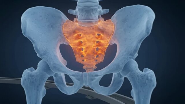Medical 3D animation of the human pelvis and hip joint showing skeletal structure in blue tones.