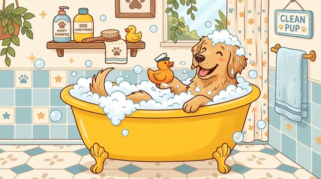 Happy cute dog taking a bubble bath in a grooming salon