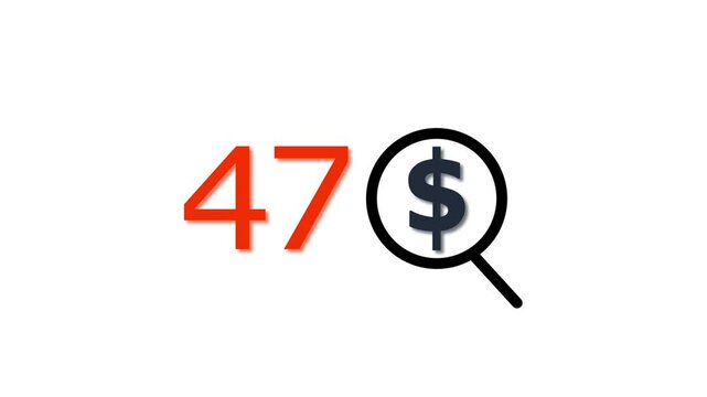 47 dollar price tag with magnifying glass animation for e-commerce and financial marketing search discount
