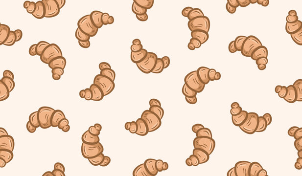 Croissant doodle pattern. Croissants hand drawn pattern. Scribble of bread illustration seamless pattern for packaging. Sketch style of croissants bakery background. French food doodle.
