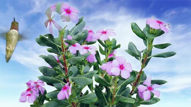 Hummingbird Hovering Near Pink Vinca Flowers Under Blue Sky