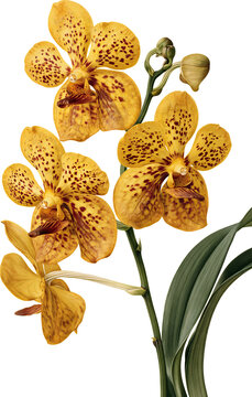 Bold yellow orchid blooming beside green leaves