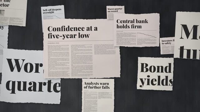Animated newspaper clippings wall scrolling sideways with financial crisis headlines, market sell off, recession and bond yield press coverage montage