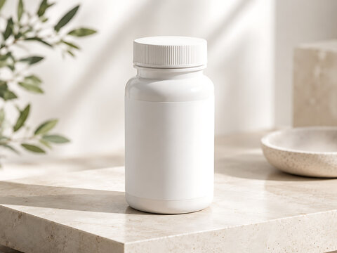 Blank white plastic pill bottle mockup on a natural stone surface transparent background