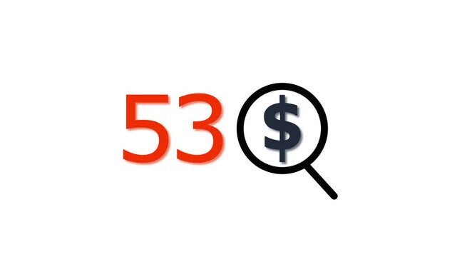 53 dollar price tag with magnifying glass animation for e-commerce and financial marketing search discount