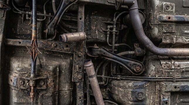 Car underbody inspection and exhaust damage photo. Rusted pipes and muddy suspension components on vehicle chassis