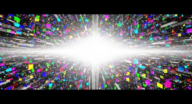 Abstract background, filled with a, multitude of colorful, floating square particles, and glowing geometric, shapes moving towards, a bright white, light source in, the center, creating, a sense of