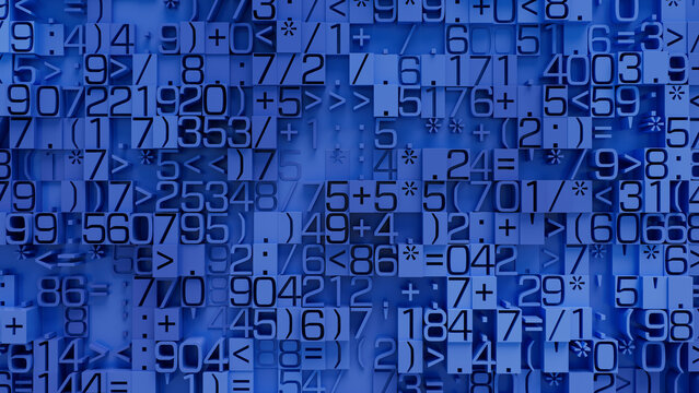 Vibrant Abstract Digital Art Featuring a Dense Array of Geometric Shapes and Symbols in Varying Sizes and Shades of Blue for Modern Design and Creative Projects
