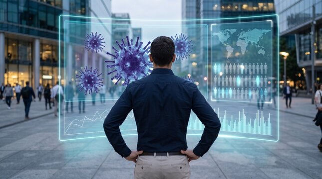 Businessman standing outdoors looking at holographic digital virus and demographic analytics dashboard display