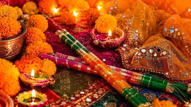 Dandiya sticks with diyas and marigold flowers