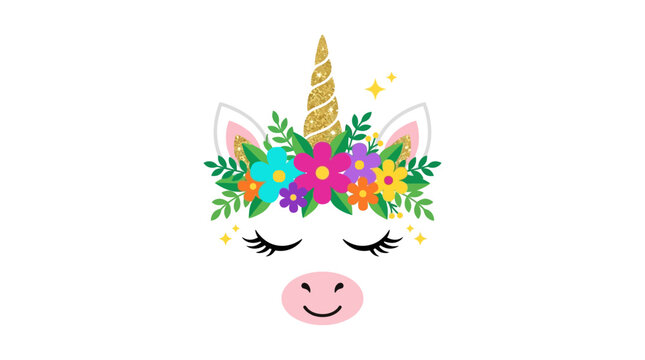 Unicorn face with floral wreath and gold glitter horn vector