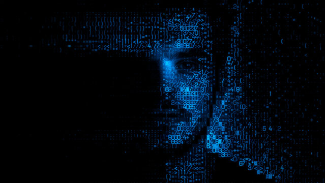 Human Face dissolving into Computer Data, symbolising Deepfake Concept.