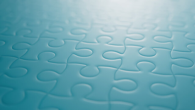 Close up of Teal Jigsaw Puzzle Pieces. Elegant Organisation Concept Backdrop.