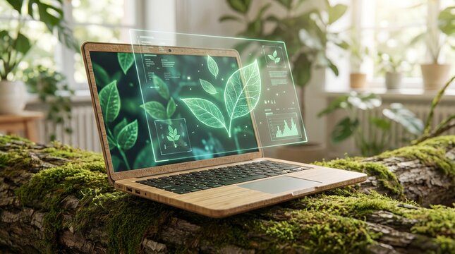 Wooden laptop computer rests on a mossy log displaying glowing green leaf hologram and environmental data interfaces in a sunlit room.