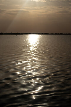 Riflesso dorato del sole che tramonta sulla superficie dell'acqua calma di un lago al crepuscolo estivo con linea dell'orizzonte alberata in controluce