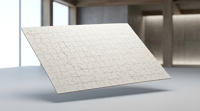 A 500 piece puzzle template floating in a modern minimalist room interior showcasing a blank game design mockup