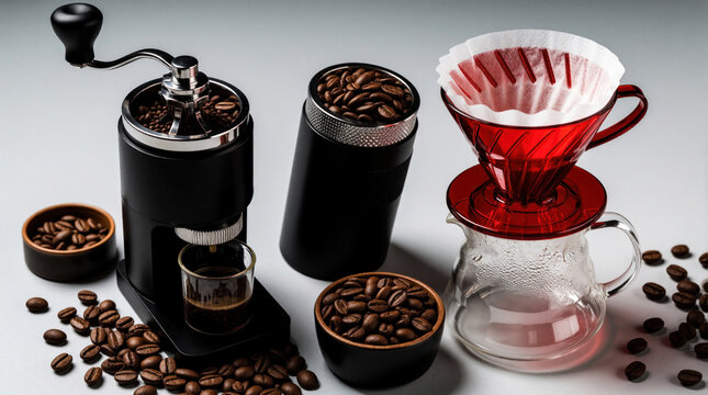Coffee brewing setup displays grinder portafilter and pour over dripper. Fresh roasted beans rest around equipment. Perfect scene for home barista routine.