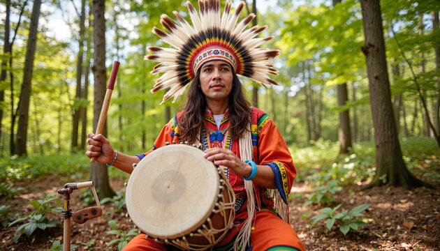 Indigenous man playing ceremonial drum in forest, cultural celebration