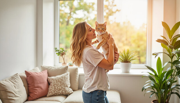 Girl embracing tabby cat in minimalist living room, love and connection