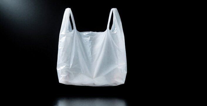 Single white plastic shopping bag floats empty against dark backdrop. Recyclable carrier bag, studio shot, clean minimal design. Retail product, disposable item.