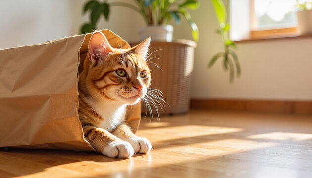 Playful tabby cat exploring paper bag indoors, cozy afternoon joy
