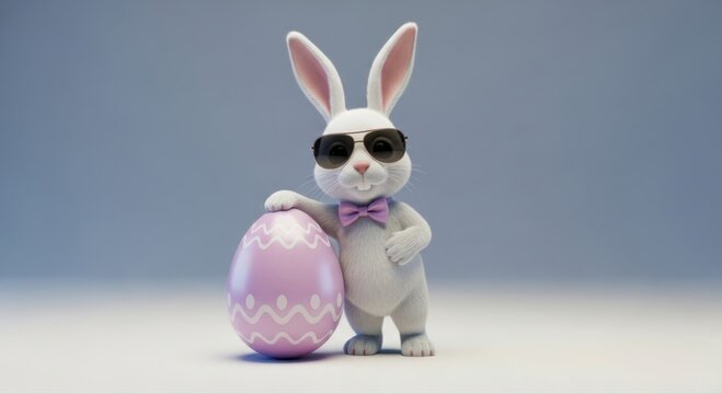 Cute white easter bunny character wearing dark sunglasses and a purple bow tie standing next to a large decorative pastel pink egg with white wavy patterns on a smooth light gray studio