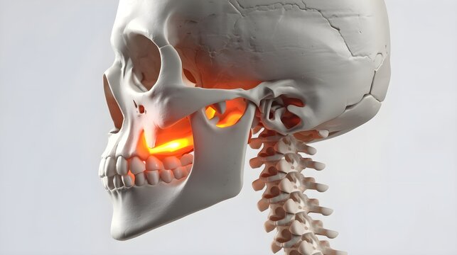 Side view of human skull anatomy with teeth, jaw, and head bones depicted in medical anatomic model