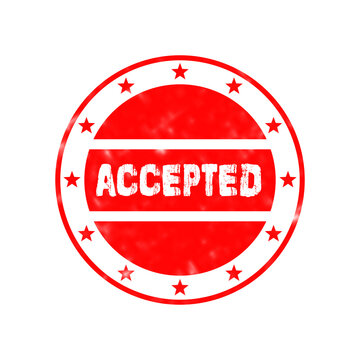 Bright red rubber stamp with the word accepted written in the center with a circular border and small stars