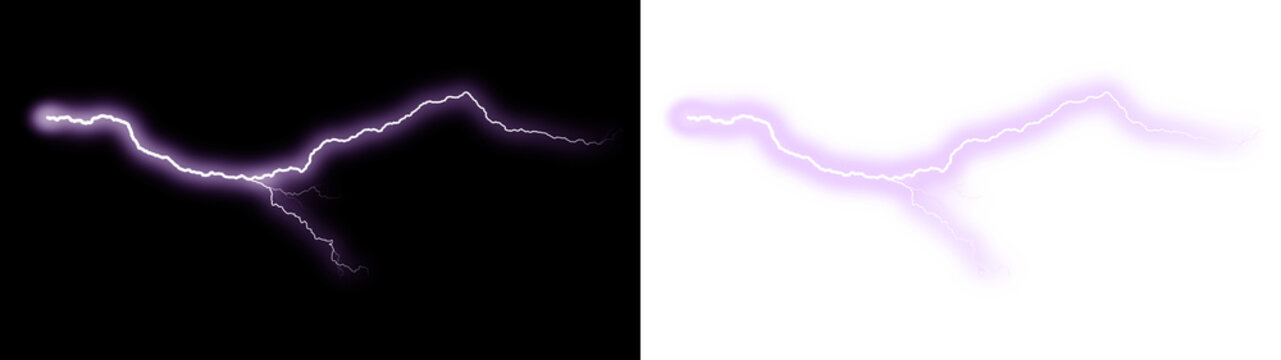 Purple lightning bolt graphic asset. Horizontal electric spark discharge with glowing aura. Isolated on transparent background