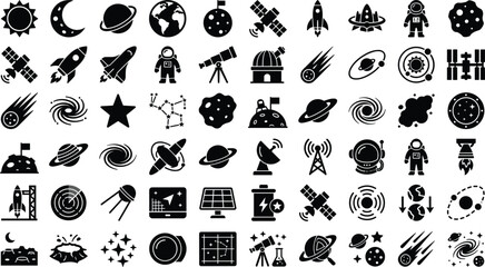 Astronomy Space Exploration and Planetary Science Solid Glyph Icon Collection Featuring Planets, Rockets, Satellites, Galaxies, Telescopes, Astronauts and Celestial Research Symbols © SAID