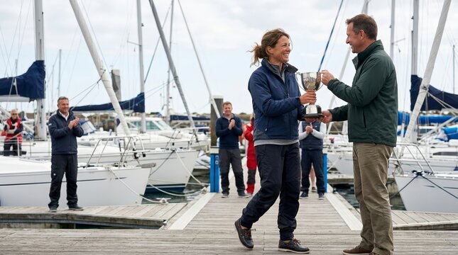 Smiling woman receiving a silver trophy from a man on a wooden dock. Winner celebration at a sailing event in a marina. Success and achievement concept