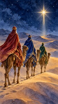 Cinematic Realistic Digital Art of the Three Wise Men Riding Camels Towards the Star of Bethlehem
