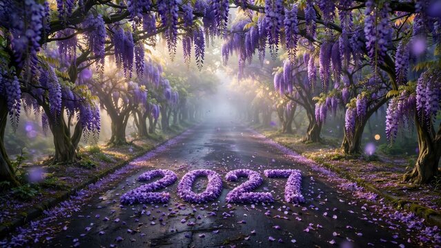2027 year digits formed by purple wisteria flower petals on a scenic road, New Year celebration concept, festive seasonal greeting background